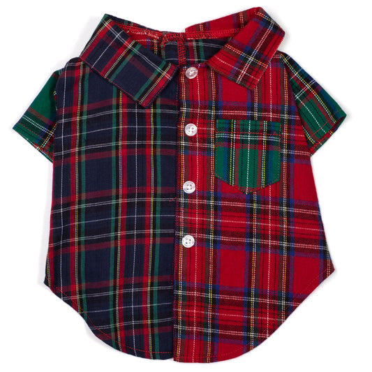 Colorblock Tartan Dog Shirt – Cotton, Red/Navy Multicolored, Sizes XS–XXL