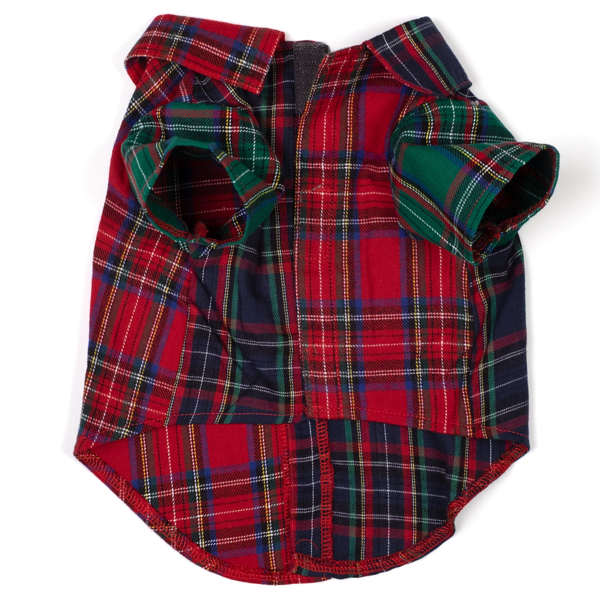 Colorblock Tartan Dog Shirt – Cotton, Red/Navy Multicolored, Sizes XS–XXL