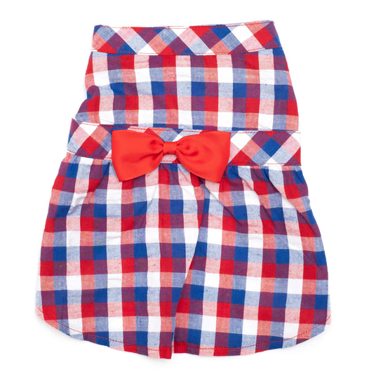 Red/White/Blue Check Dog Dress – Cotton, Red/White/Blue, Sizes XS–XXL