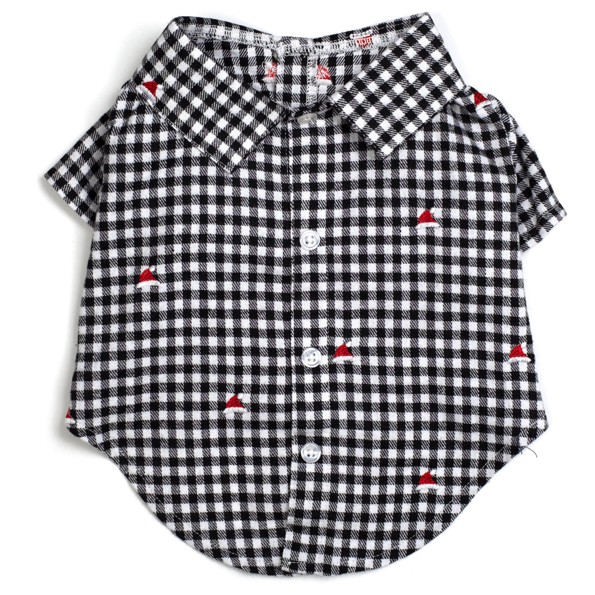 Check Santa Hats Dog Shirt – Cotton, Black/White, Sizes XS–XXL