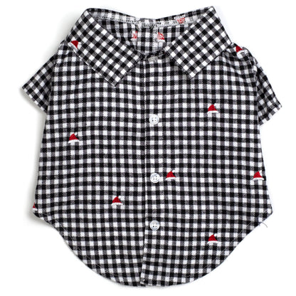 Check Santa Hats Dog Shirt – Cotton, Black/White, Sizes XS–XXL