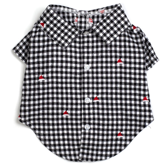 Check Santa Hats Dog Shirt – Cotton, Black/White, Sizes XS–XXL