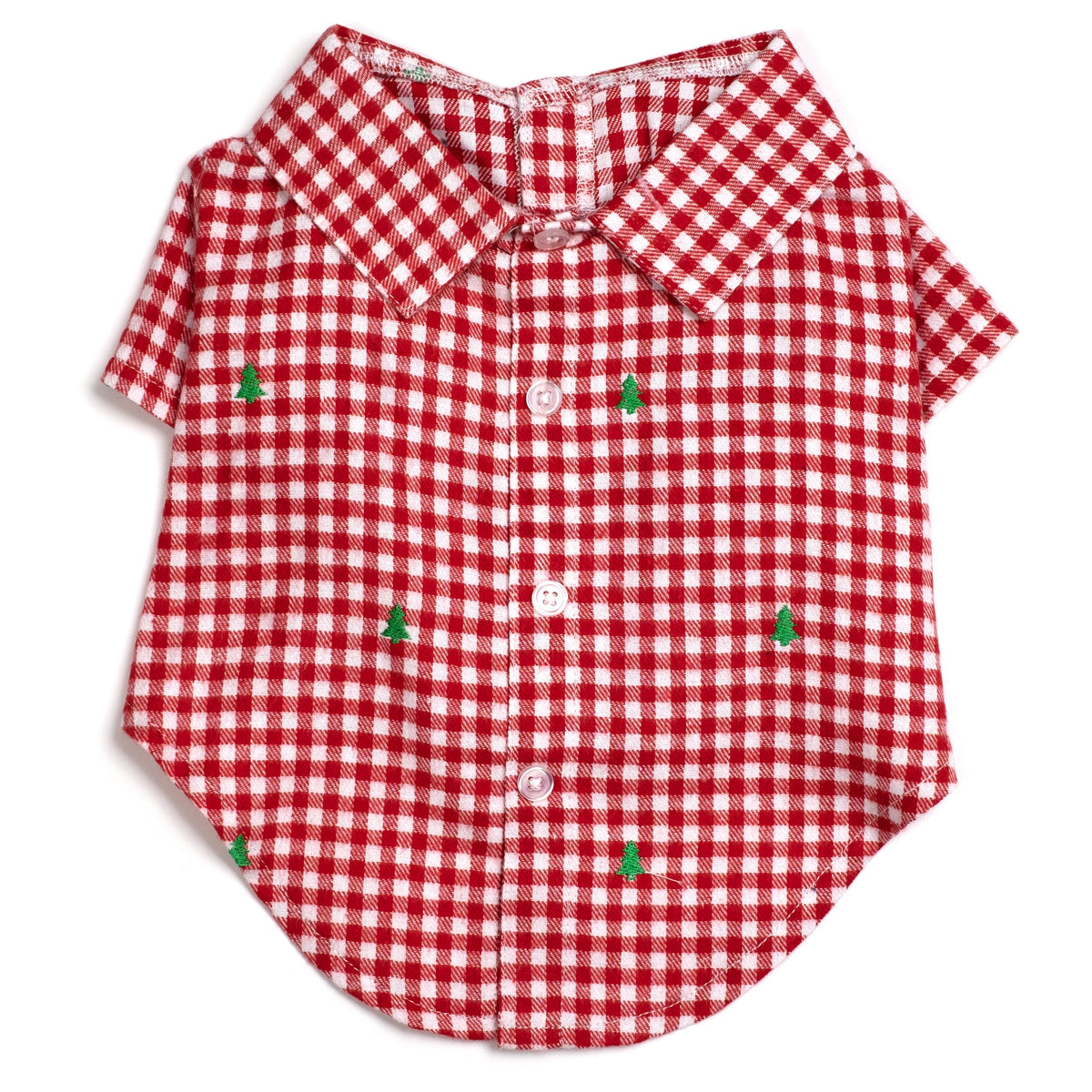 Check Trees Dog Shirt – Cotton, Red/White, Sizes XS–XXL