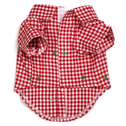 Check Trees Dog Shirt – Cotton, Red/White, Sizes XS–XXL