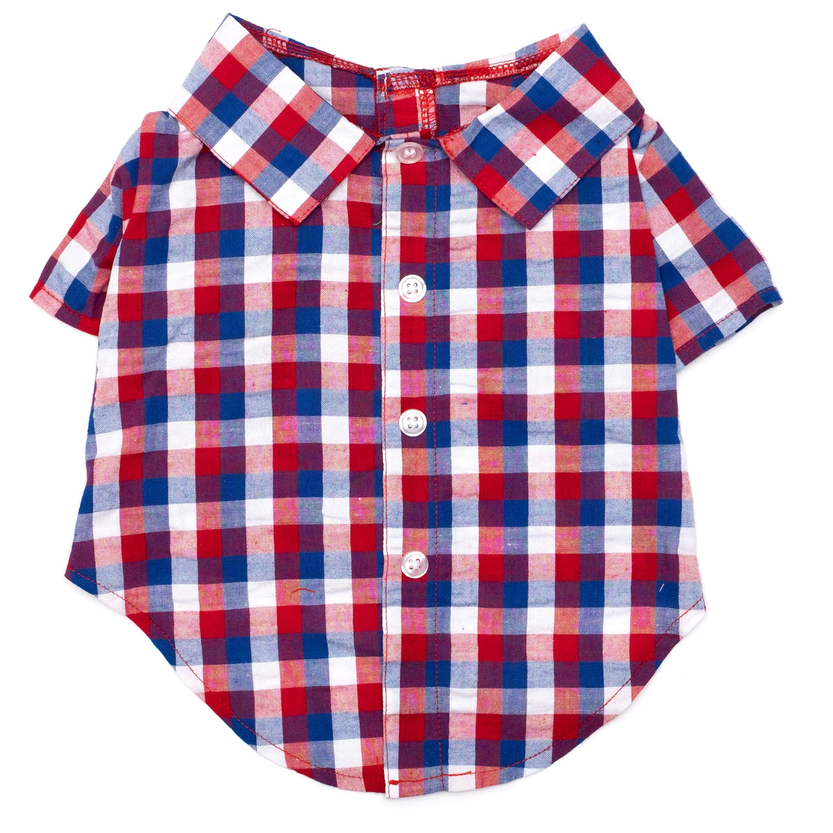 Red/White/Blue Check Dog Shirt – Cotton, Red/White/Blue, Sizes XS–XXL