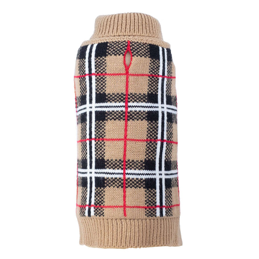 Tan Plaid Dog Sweater, tan, main product view