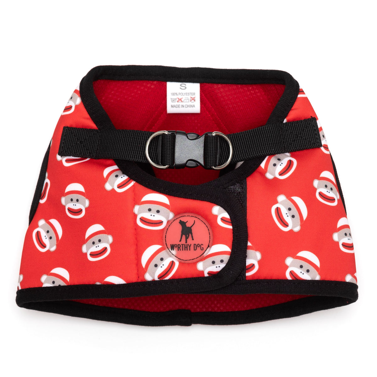 Sock Monkey Sidekick Dog Harness – Red, Sizes XXS–XXL