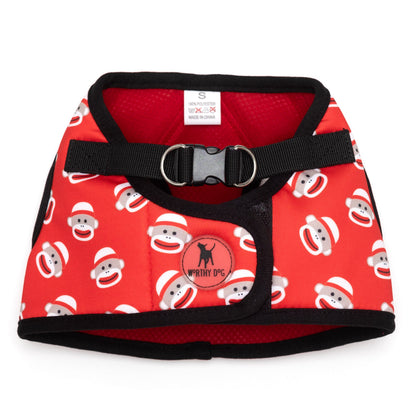 Sock Monkey Sidekick Dog Harness – Red, Sizes XXS–XXL