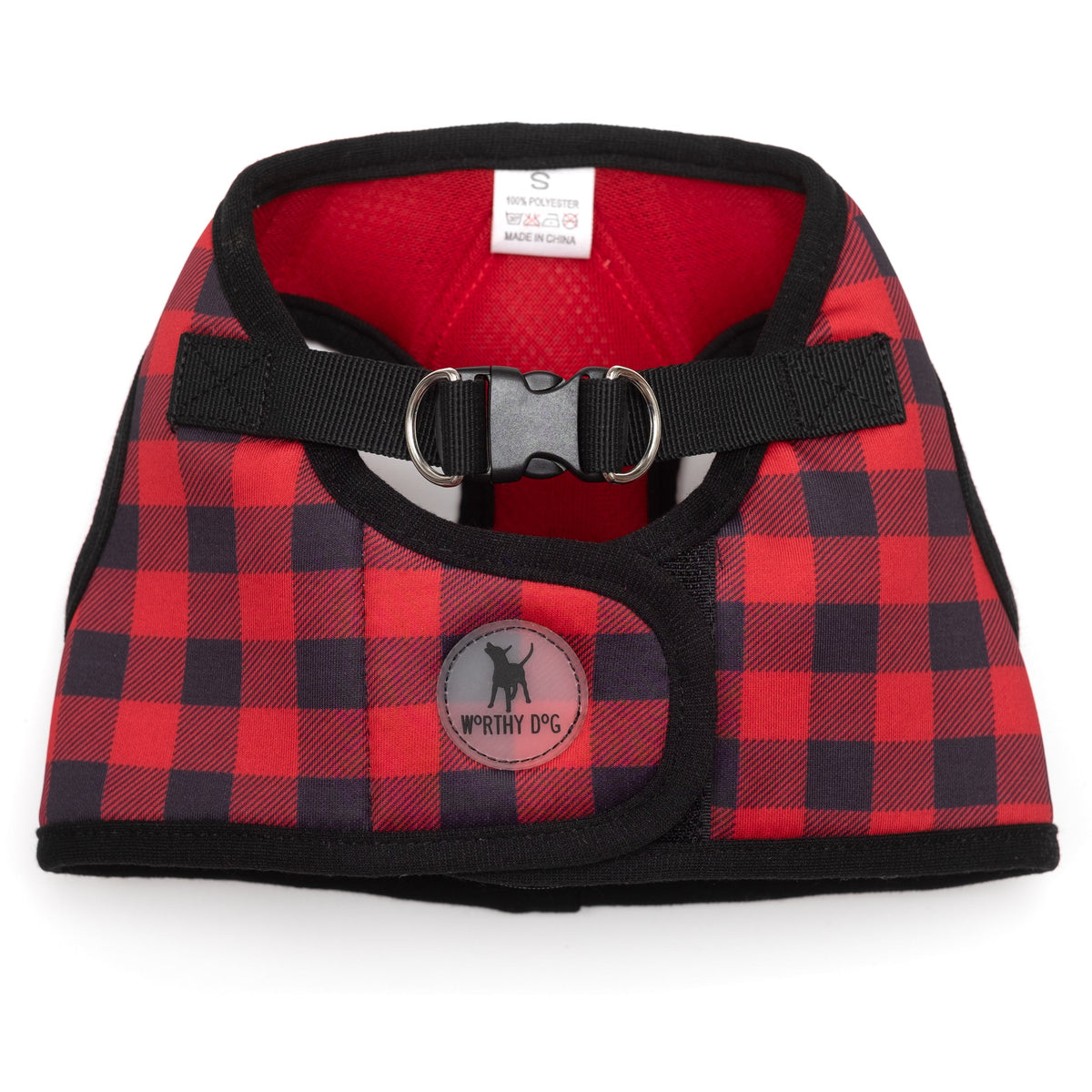 Red and Black Buffalo Plaid Step-In Dog Harness in red/black, main product view