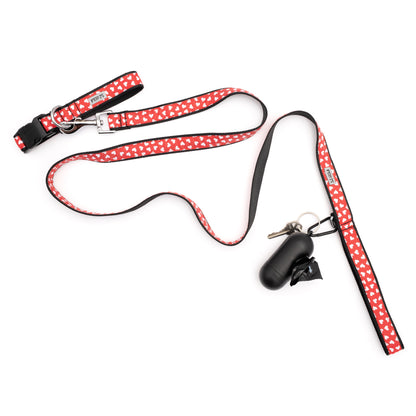 Red heart leash displayed with matching accessories; accessories not included