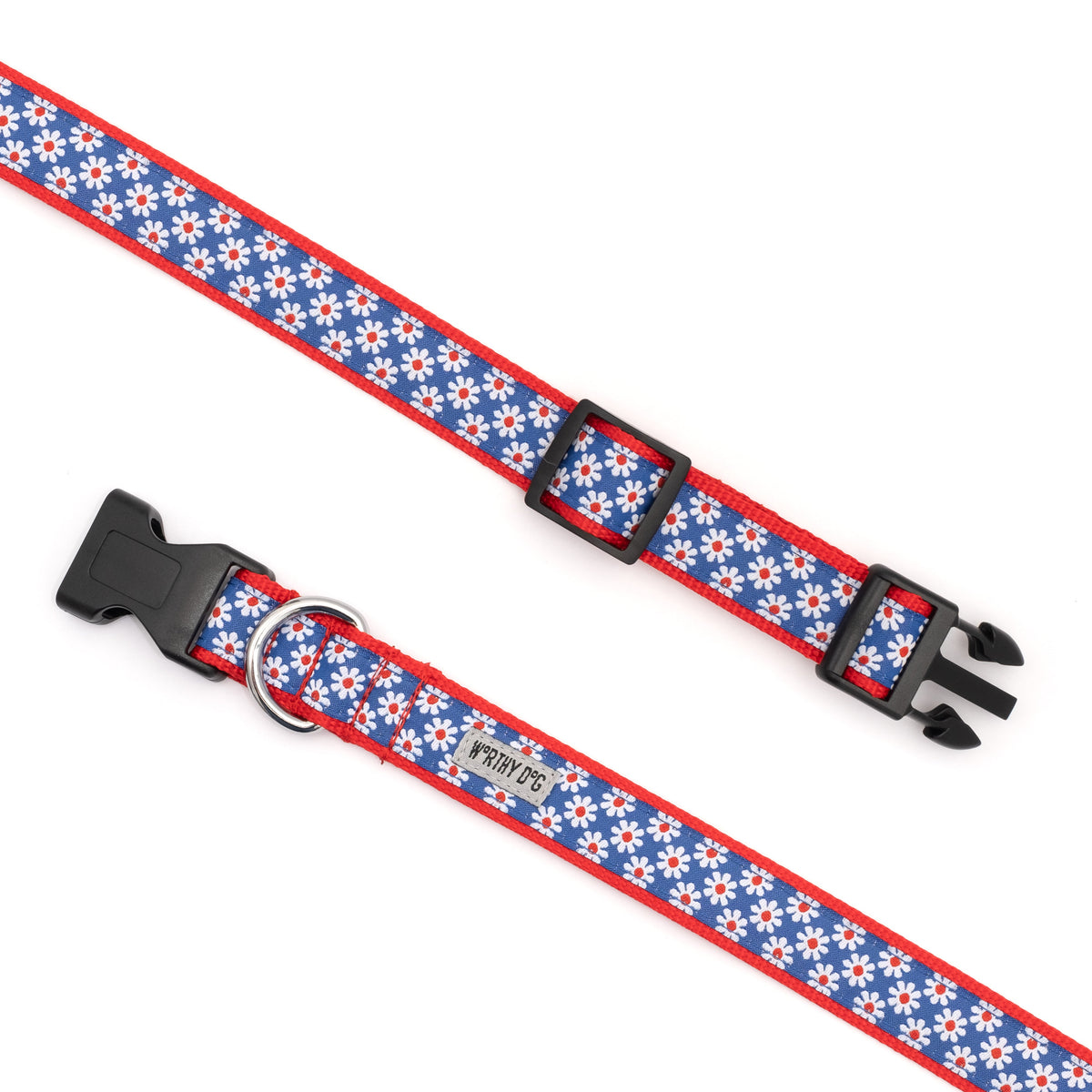 Daisies Dog Collar – Navy, Sizes XS–XL