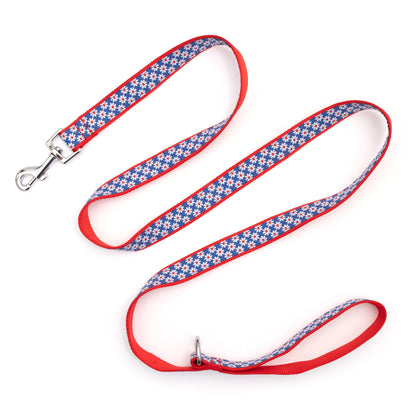 Small white daisies on navy blue ribbon nylon dog leash, extended