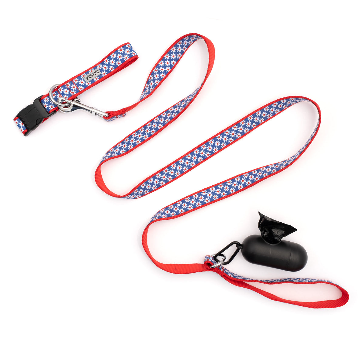 Small white daisies on navy blue ribbon nylon dog leash, shown with matching accessories; accessories not included
