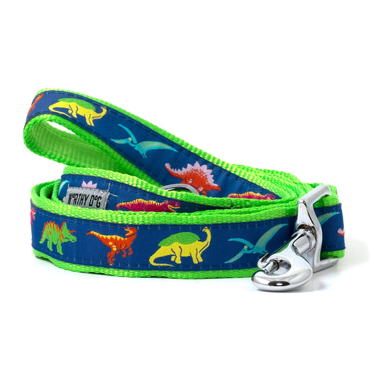 Colorful dinosaur illustrations on navy ribbon nylon dog leash, coiled