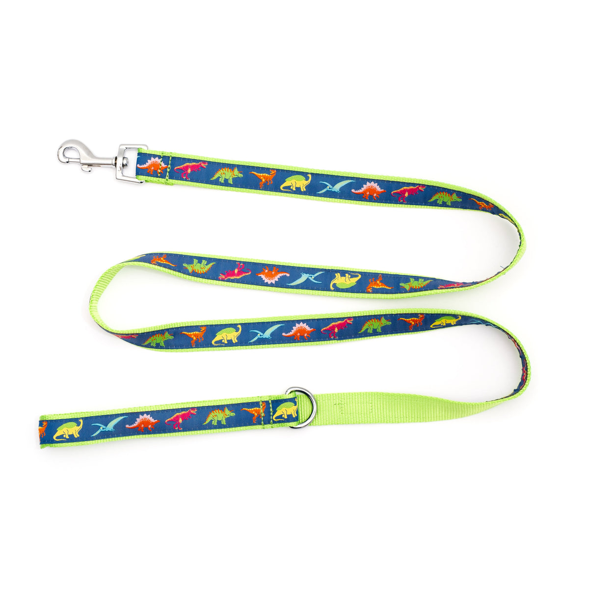 Colorful dinosaur illustrations on navy ribbon nylon dog leash, ribbon and backing detail