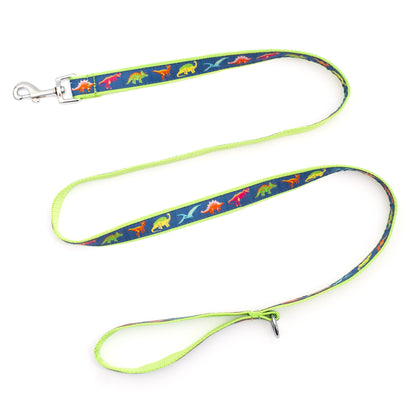 Colorful dinosaur illustrations on navy ribbon nylon dog leash, extended