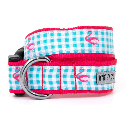 Gingham Flamingos Dog Collar – Aqua, Sizes XS–XL