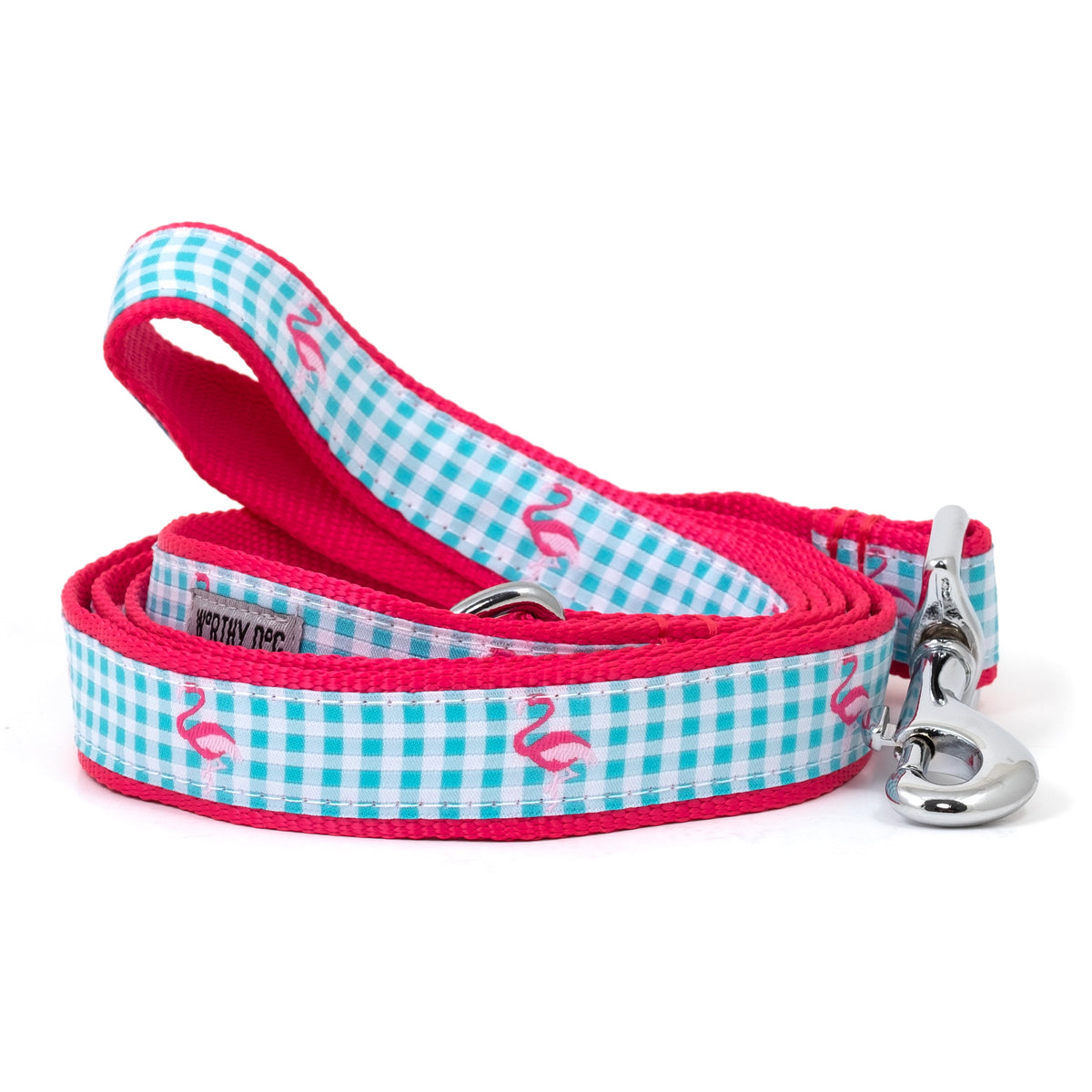 Gingham Flamingos Dog Leash – Aqua, Sizes S, L