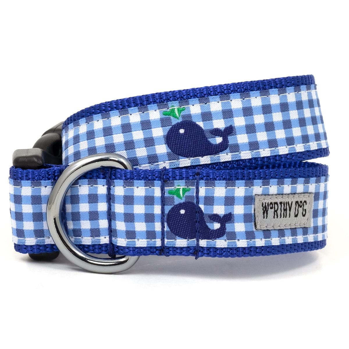 Gingham Whales Dog Collar – Blue, Sizes XS–XL