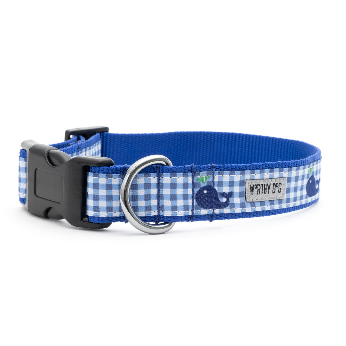 Gingham Whales Dog Collar – Blue, Sizes XS–XL