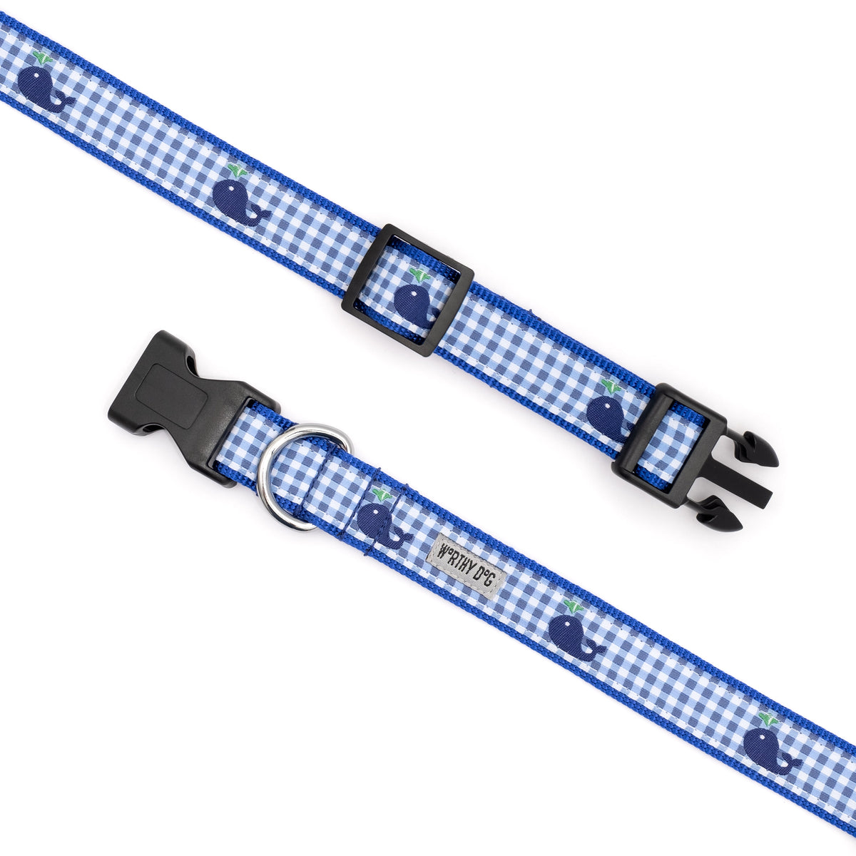 Gingham Whales Dog Collar – Blue, Sizes XS–XL
