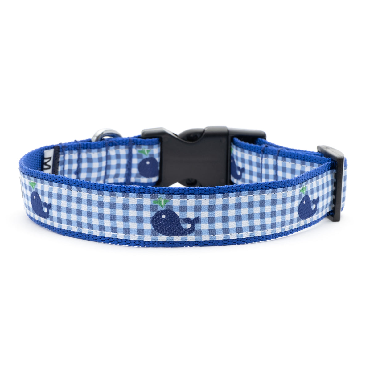 Gingham Whales Dog Collar – Blue, Sizes XS–XL