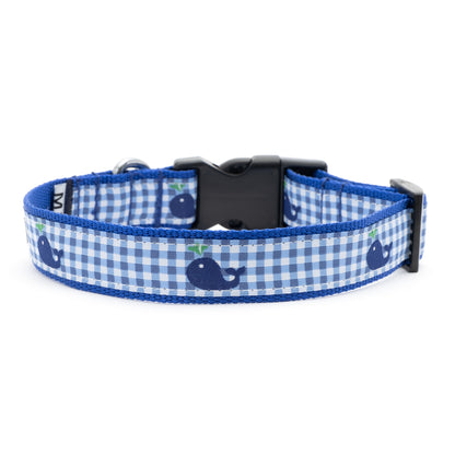 Gingham Whales Dog Collar – Blue, Sizes XS–XL