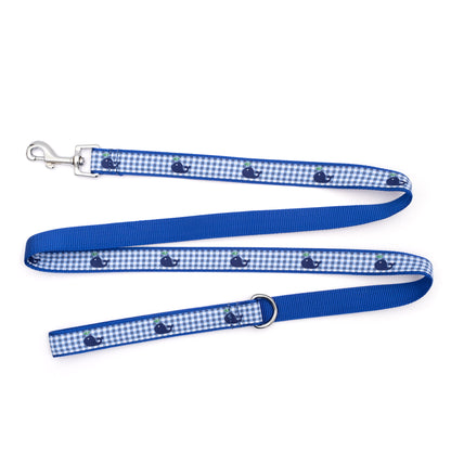 Whale illustrations with blue gingham checks nylon dog leash, ribbon and backing detail