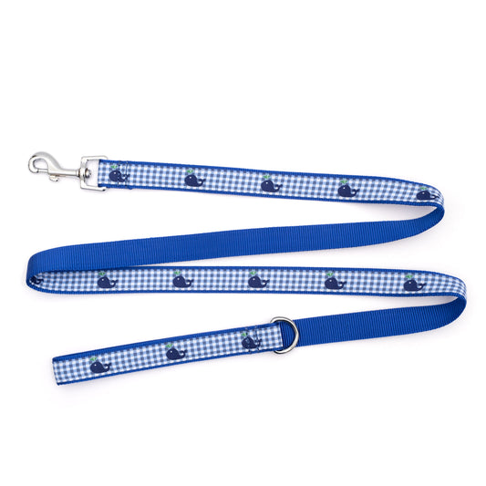 Whale illustrations with blue gingham checks nylon dog leash, ribbon and backing detail