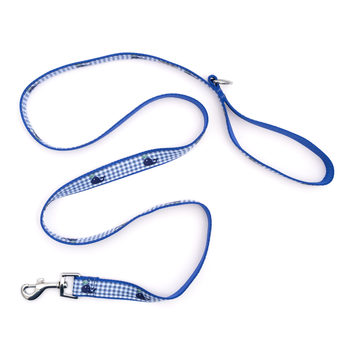 Whale illustrations with blue gingham checks nylon dog leash, extended