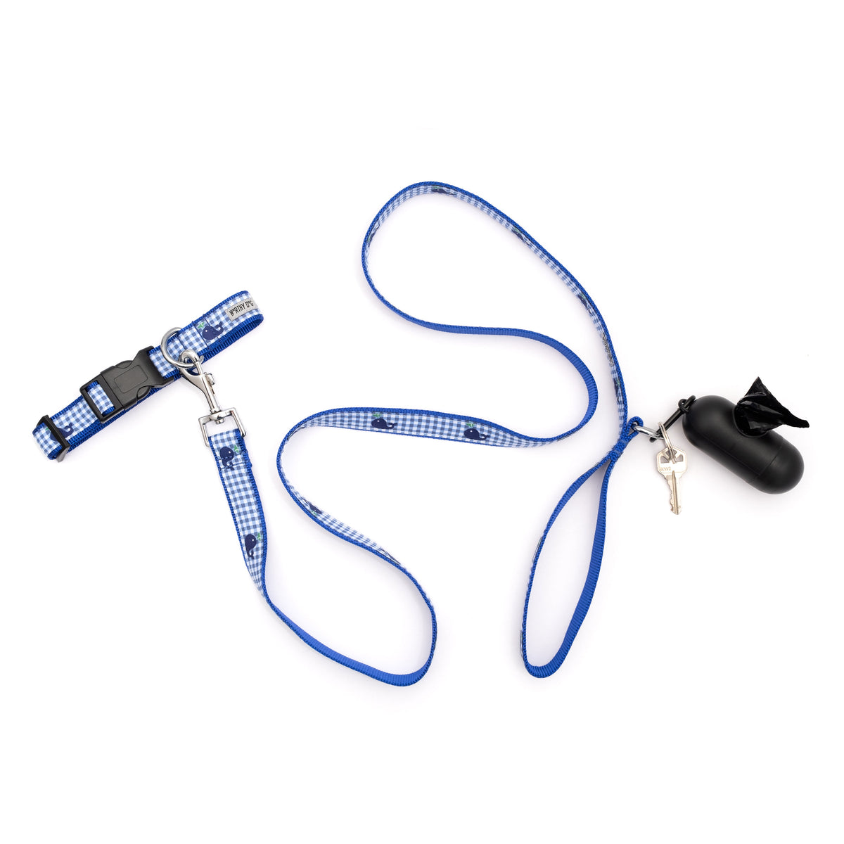 Whale illustrations with blue gingham checks nylon dog leash, shown with matching accessories; accessories not included