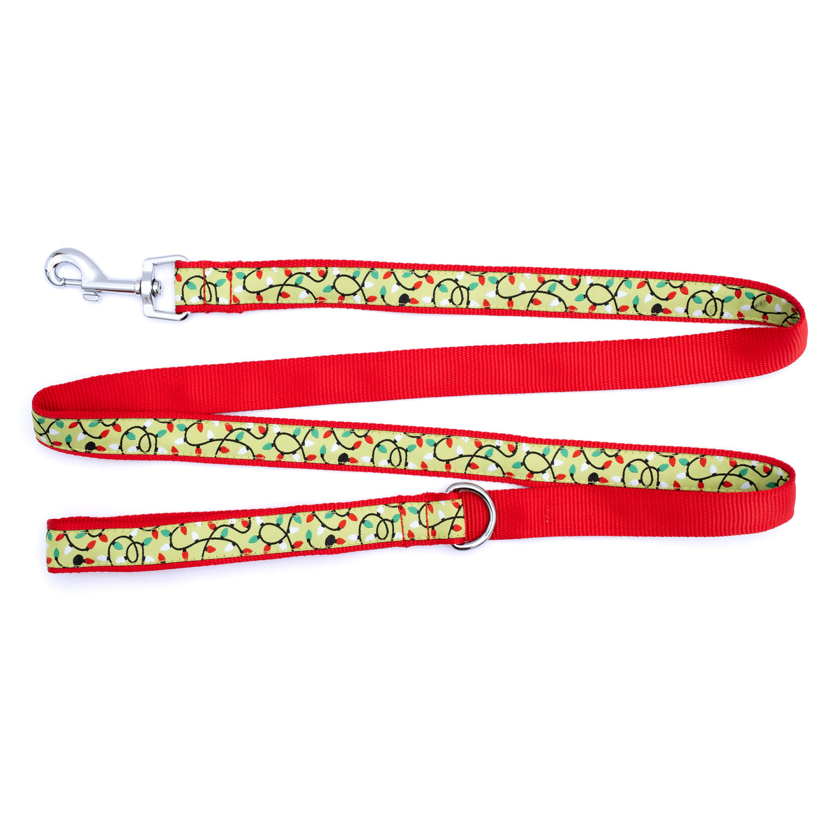 Green Christmas Lights Nylon Dog Leash — flat strap and hardware view