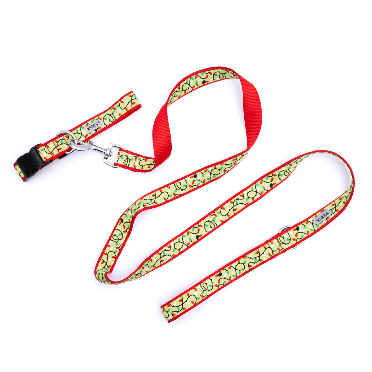 Green Christmas Lights Nylon Dog Leash — leash shown with matching collar