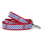 Red anchors over diagonal navy and white stripes nylon dog leash, coiled