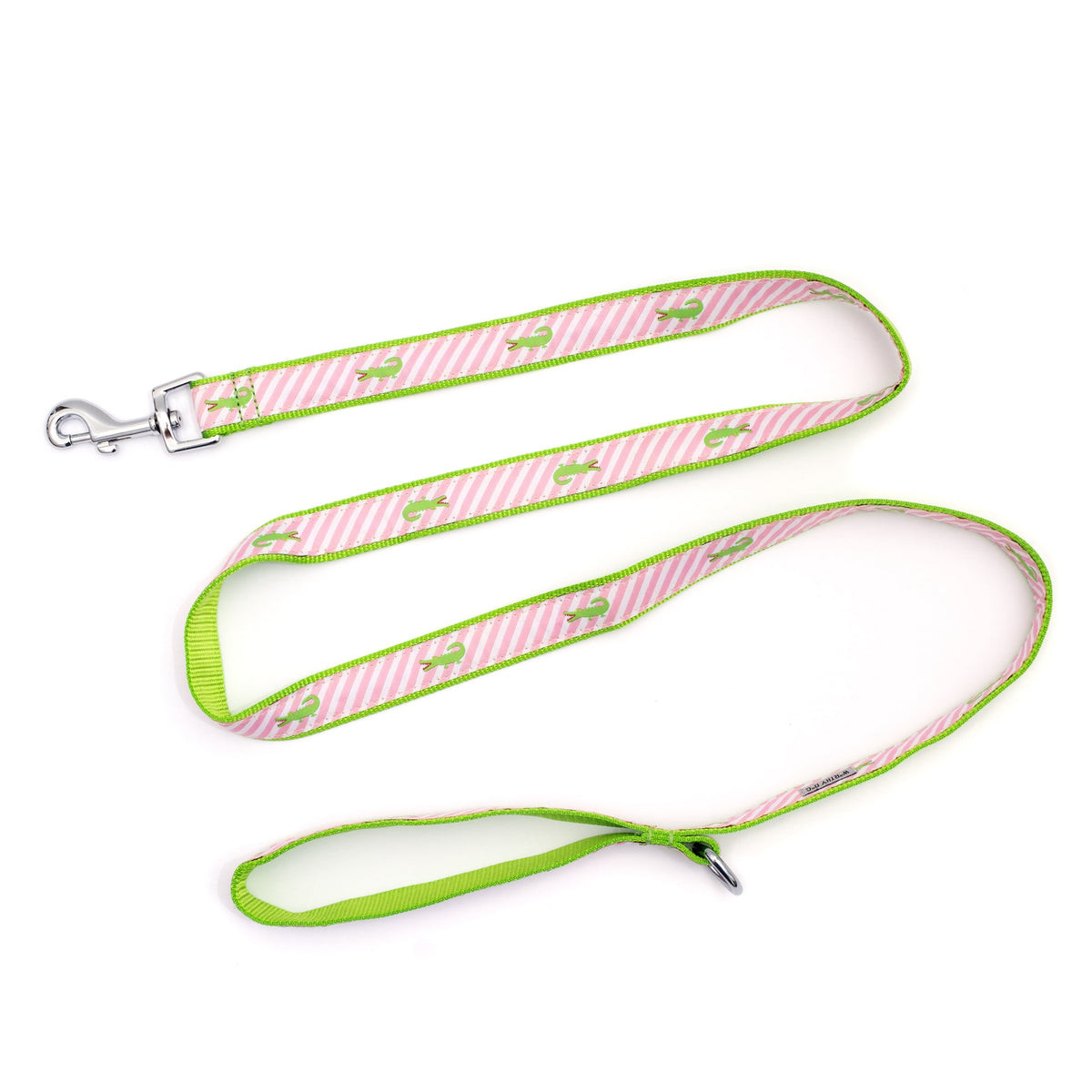 Green alligators over diagonal pink and white stripes nylon dog leash, extended