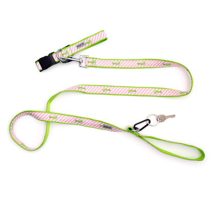 Green alligators over diagonal pink and white stripes nylon dog leash, shown with matching accessories; accessories not included