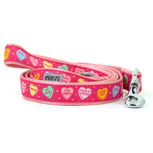 Colorful conversation-heart shapes on pink ribbon nylon dog leash, coiled