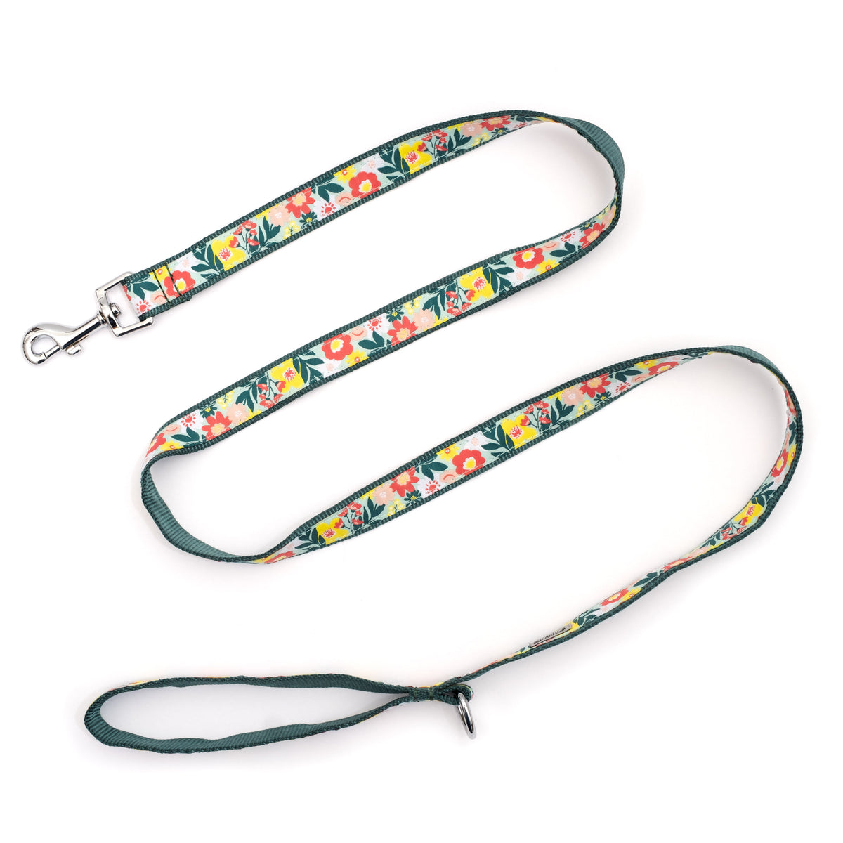 Colorful flowers and green foliage on pale ribbon nylon dog leash, extended