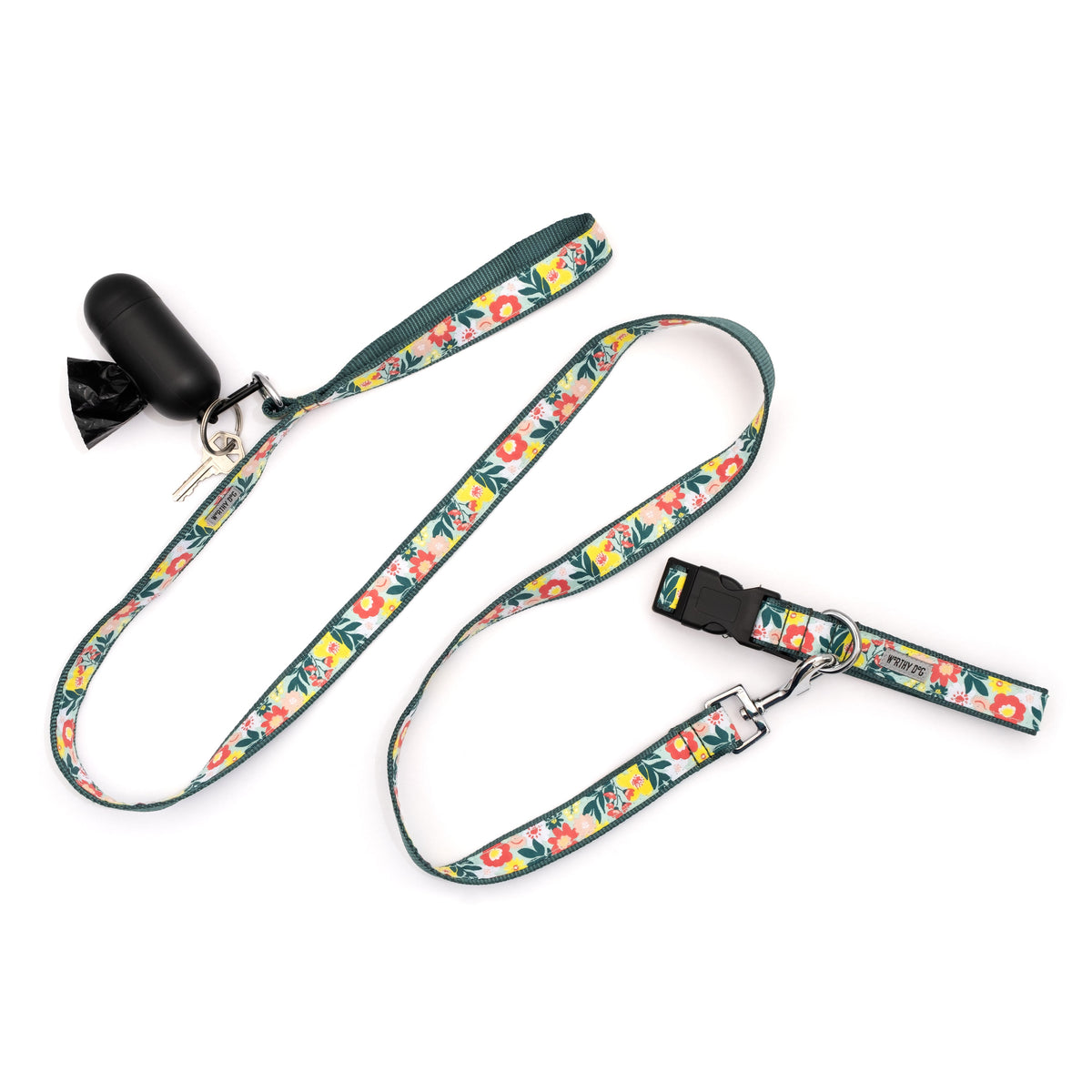 Colorful flowers and green foliage on pale ribbon nylon dog leash, shown with matching accessories; accessories not included