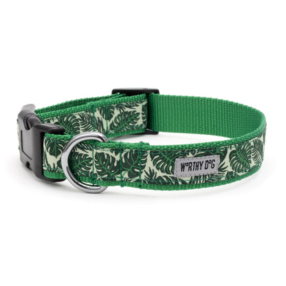 Tropical Leaves Dog Collar – Green, Sizes XS–XL