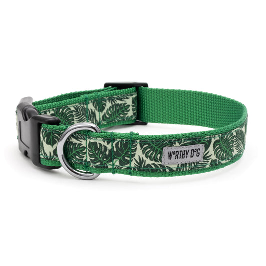Tropical Leaves Dog Collar – Green, Sizes XS–XL