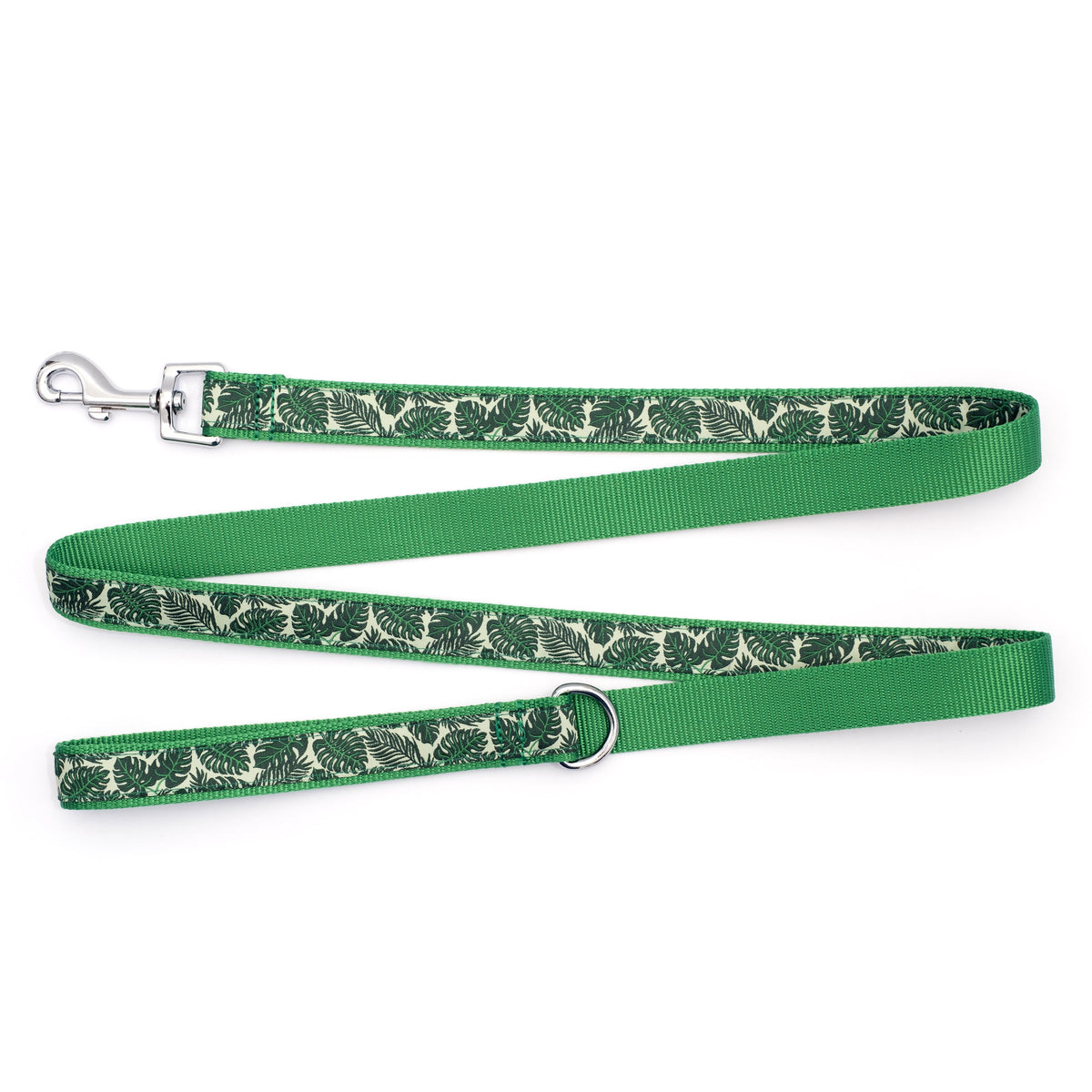 Green Tropical Leaves Nylon Dog Leash — flat strap and hardware view