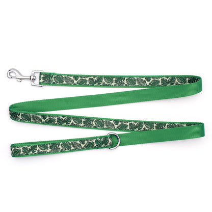 Green Tropical Leaves Nylon Dog Leash — flat strap and hardware view