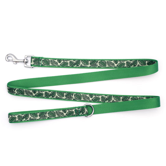 Green Tropical Leaves Nylon Dog Leash — flat strap and hardware view