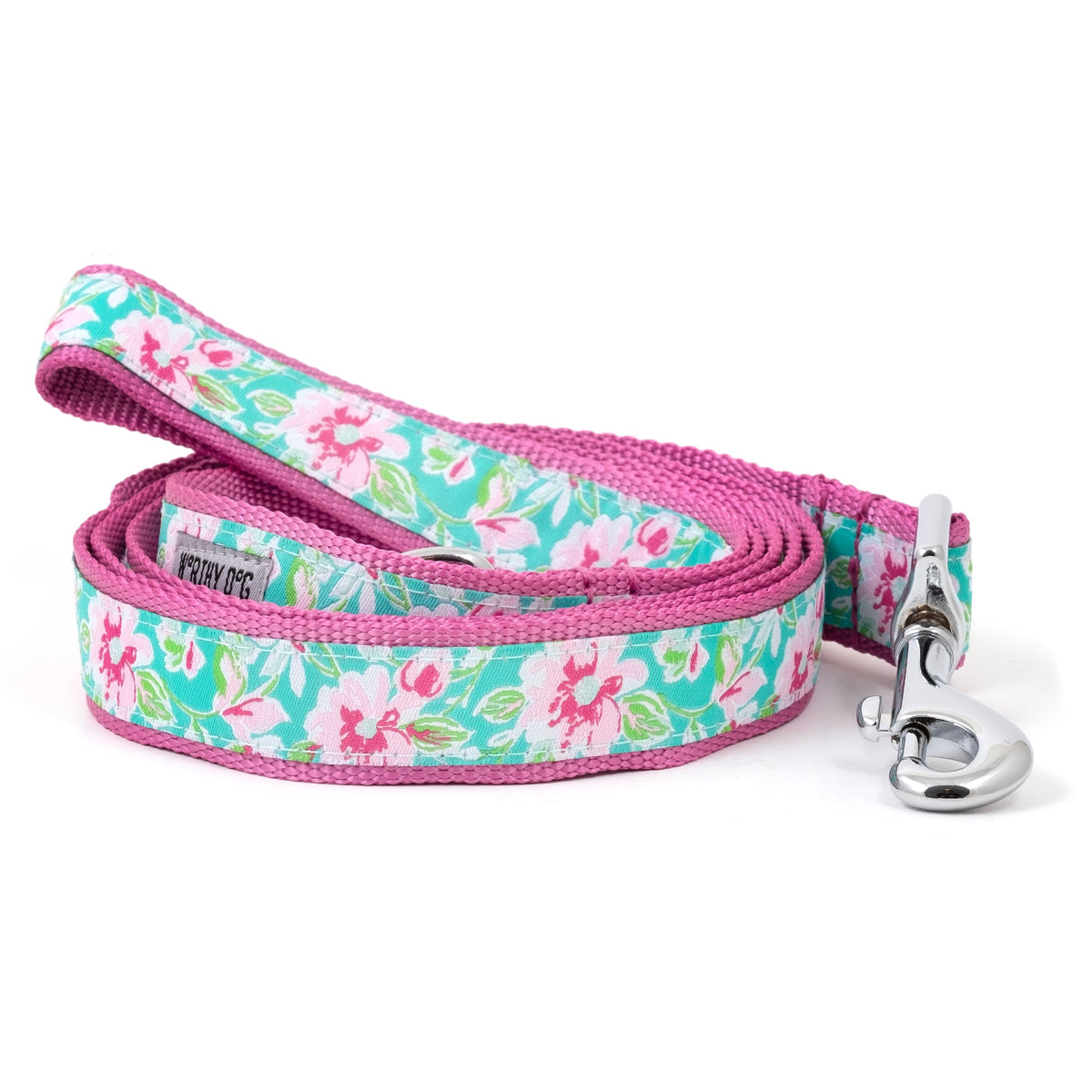 Blue Watercolor Floral Nylon Dog Leash — coiled leash