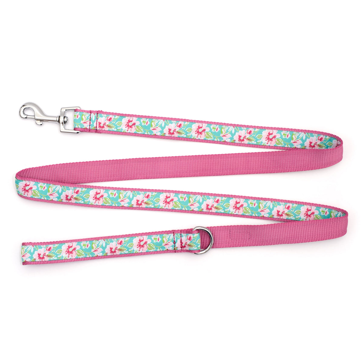 Blue Watercolor Floral Nylon Dog Leash — flat strap and hardware view