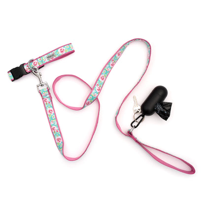 Blue Watercolor Floral Nylon Dog Leash — leash shown with collar and dispenser