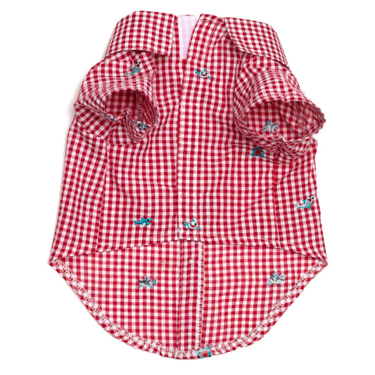 Gingham Chomp Dog Shirt – Cotton, Red/White, Sizes XS–XXL