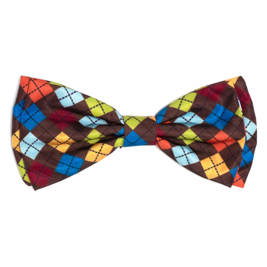 Autumn Argyle Dog Bow Tie – Polyester, Brown, Sizes S, L