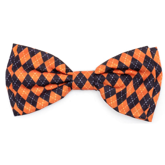 Halloween Argyle Dog Bow Tie – Polyester, Black/Orange, Sizes S, L